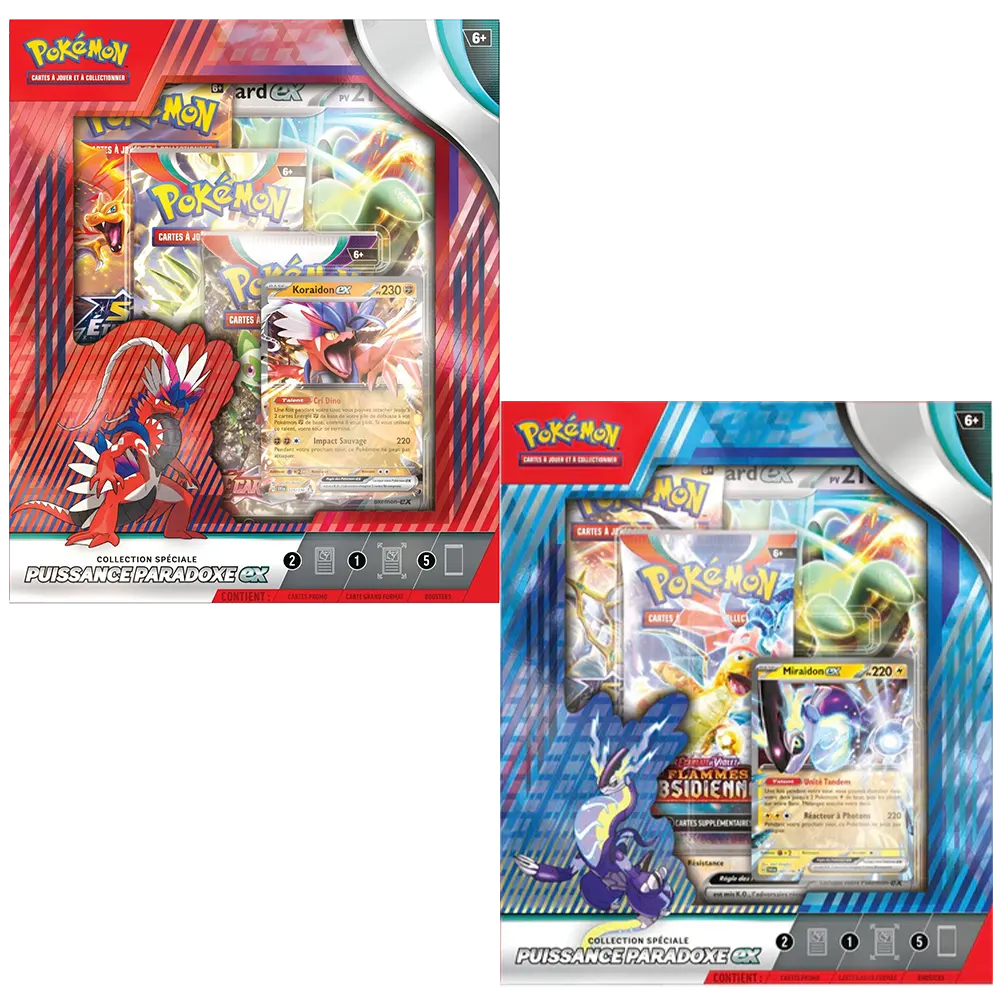 Coffrets Spéciaux Cartes Pokémon Puissance Paradoxe Koraidon EX et Miraidon  EX à 36,90€